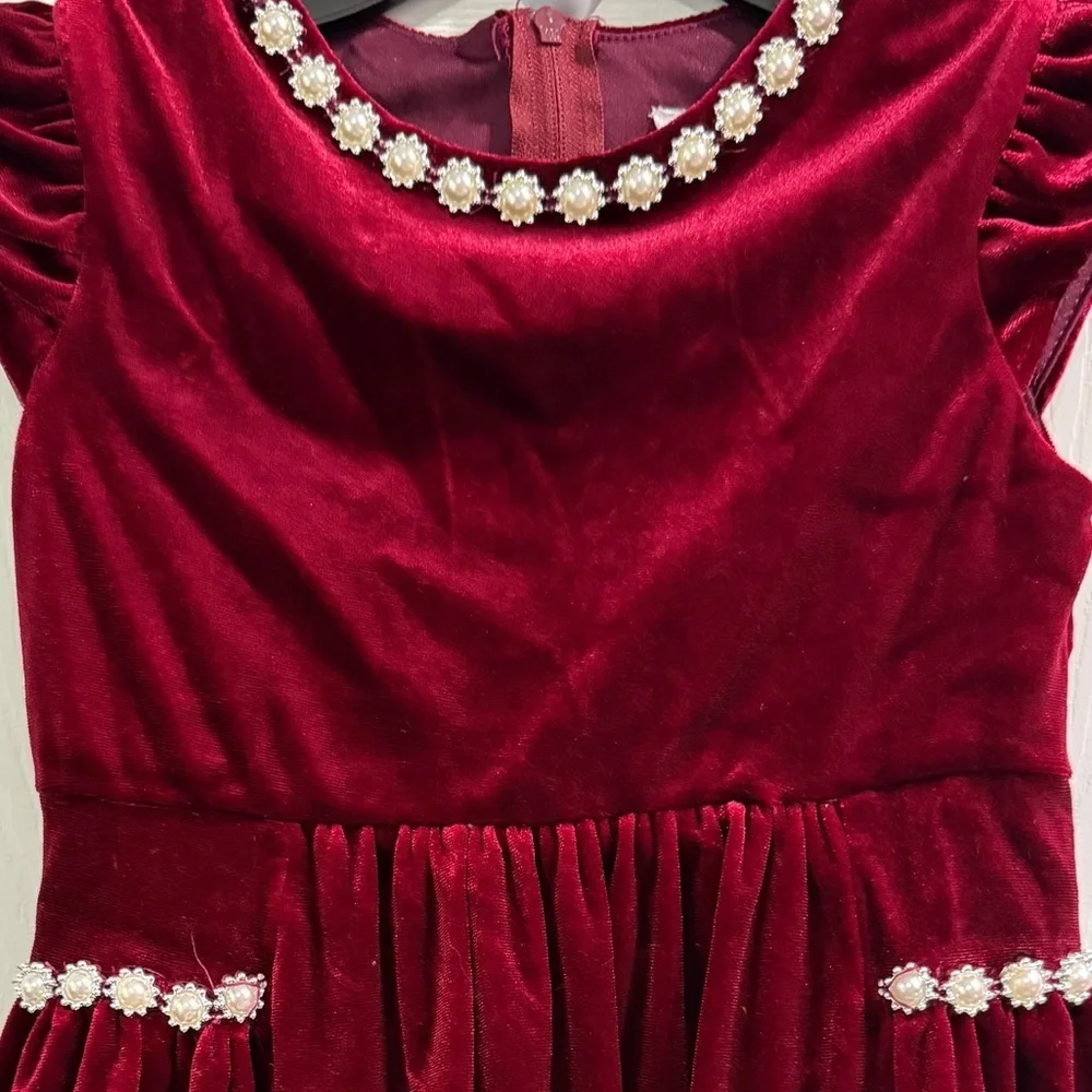 Rare Editions Burgundy Velvet Dress Pearl Details Size 3T Wedding